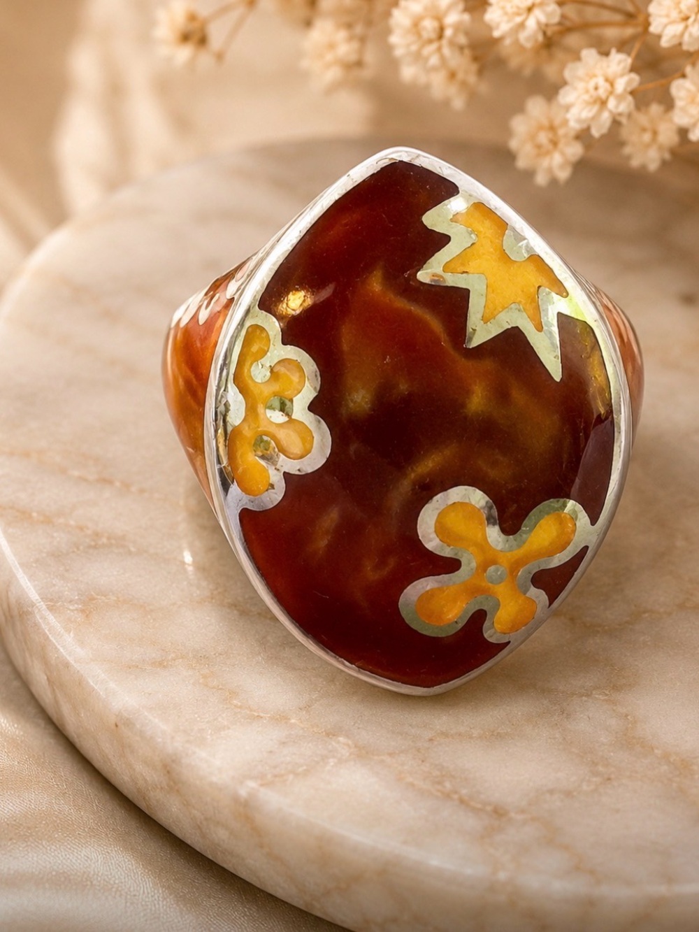 ALLEN K 925 STERLING SILVER BROWN ART GLASS DOME FLOWER RING SIZE 9 STATEMENT